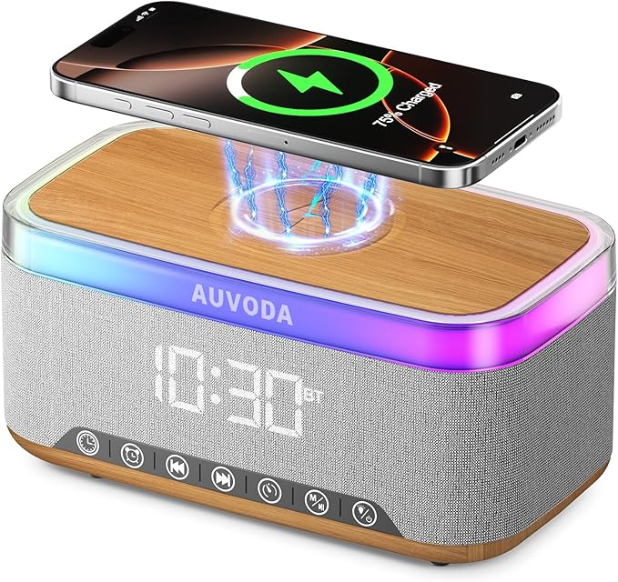 S300 16W Stereo Bluetooth Speaker with 15W Fast Wireless Charging, 13-Color Night Light, Alarm, White Noise, FM Radio, Portable, TWS, BT5.3, for PC, Smartphone, Home, Office & Bedroom (Wood)