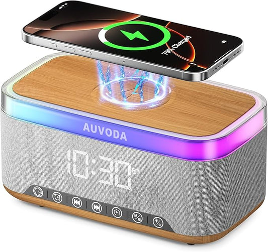 S300 16W Stereo Bluetooth Speaker with 15W Fast Wireless Charging, 13-Color Night Light, Alarm, White Noise, FM Radio, Portable, TWS, BT5.3, for PC, Smartphone, Home, Office & Bedroom (Wood)