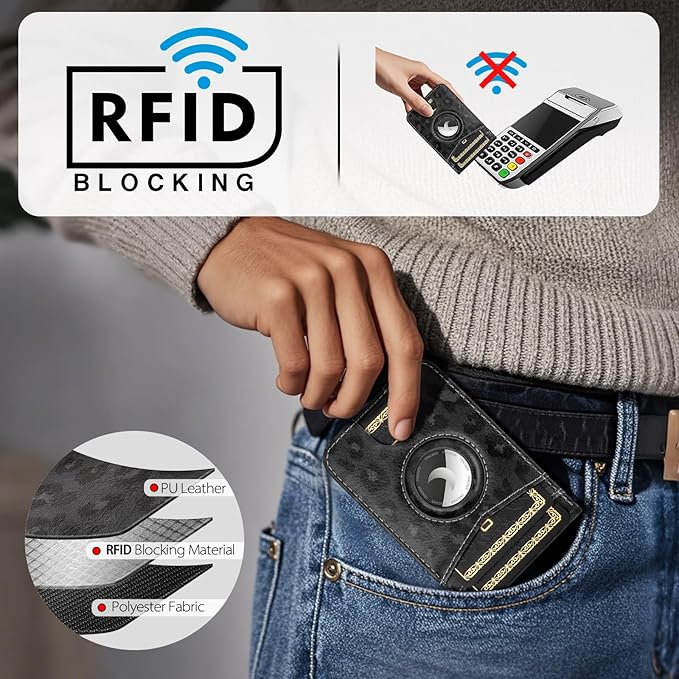 Compatible with Magsafe Case with RFID Blocking Card Holder AirTag pocket for iPhone 17/16/15/14/13/12 Pro/Pro Max/PlusSeries,Not Fit iPhone Mini,Leopard-Black