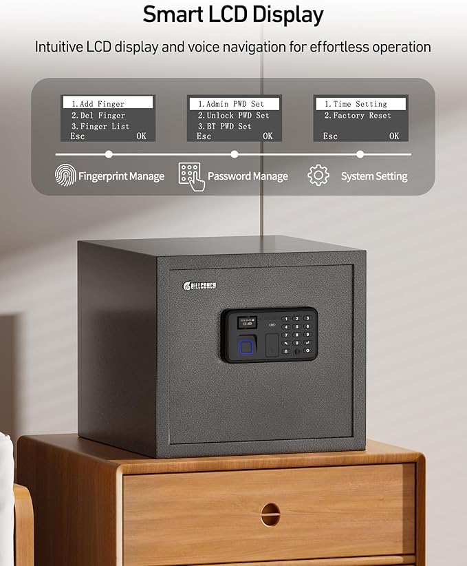 Billconch Smart Gun Safe for Multiple Pistols - Automatic Lock Safe Box with LCD Display/Voice Guide, Quick Access Unlock with Fingerprint/Keypad/Key/App, Biometric Handgun Safe for Money Valuables