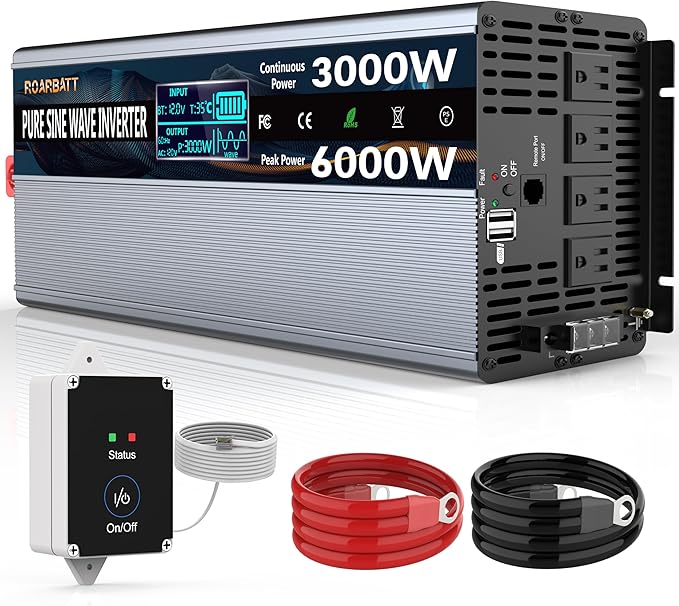 Pure Sine Wave Power Inverters 3000W 12V DC to AC 110V 120V Peak 6000W with Remote Control 4 Outlets,Dual USB Port,LED Display Terminal Blocks for Inverter Truck RV Car Solar System