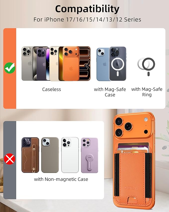 HiWe for MagSafe Wallet, Stronger Magnetic Wallet for iPhone 17/16/15/14/13/12 Series, 7 Cards Holder, Vegan Leather Minimalist Slim RFID, 1 Slot, Cosmic Orange & Black