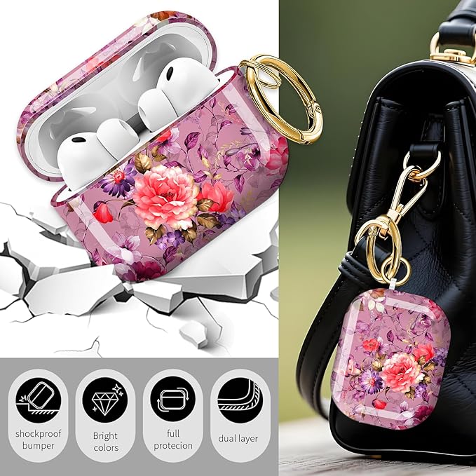 Cute Hard Case Compatible with AirPods Pro 3rd Generation Case (2025), Shockproof Protective Cover with Golden Keychain Ring Clip (Pink Flower)