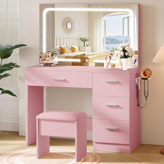 Makeup Vanity Desk Set, Pink, 35.4“W x 15.7" D x 53.9" H (Large Smart LED Mirror, with Cushion Stool, Hairdryer Rack, Power-Outlet, 4 Drawers)