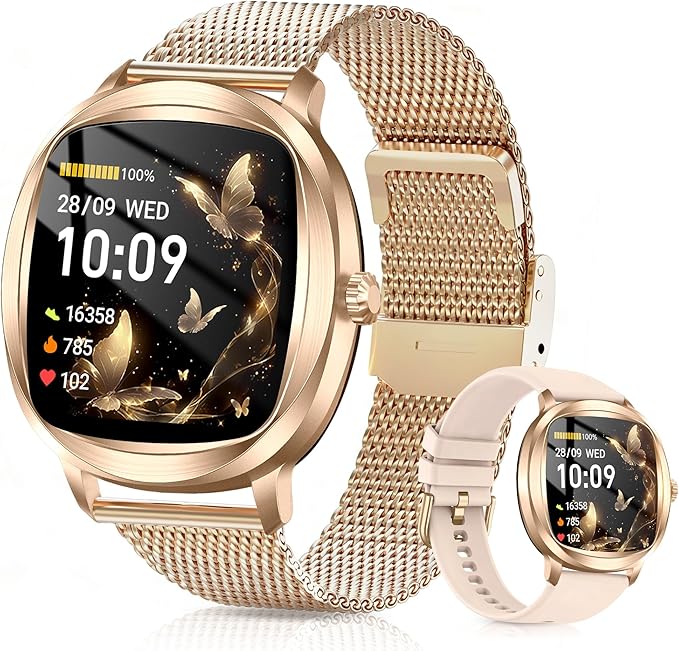 Smart Watch for Women, 1.72" Fitness Tracker with Answer/Make Calls, Sleep/Heart Rate Monitor, Smartwatch for Android iOS Support 100+ Sports Modes, IP68 Waterproof, Fitness Watch with 2 Band (Gold)