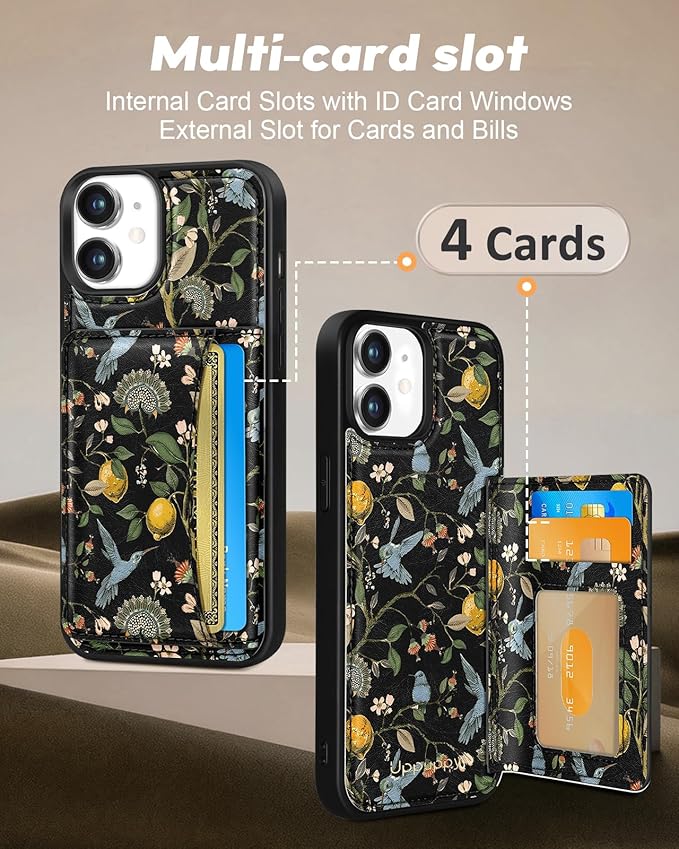 for iPhone 11 Case with Wallet - Fits 4 Card Slots, Compatible with MagSafe for Women Aesthetic Durable PU Leather Credit Card Holder Kickstand Phone Cover for Apple 11, Lemon Bird