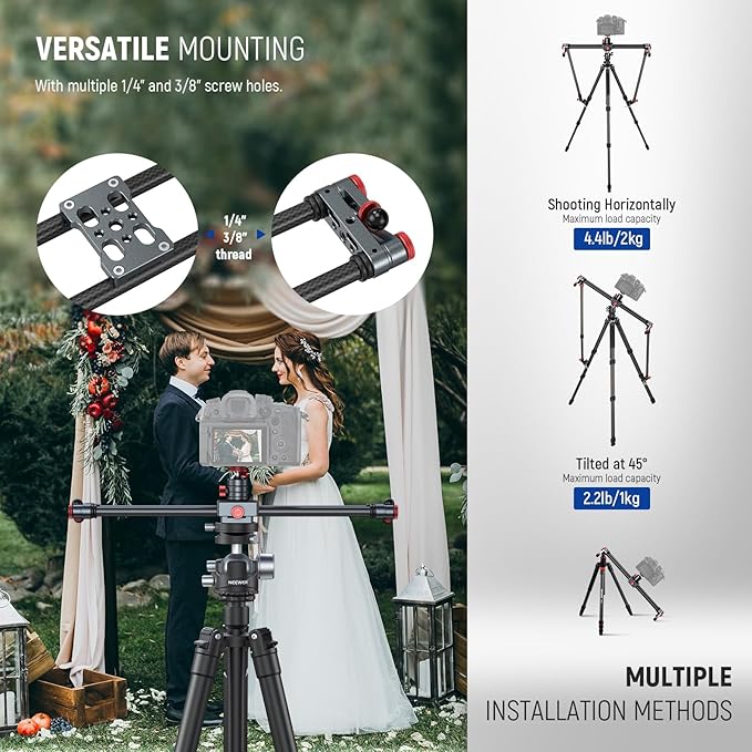 NEEWER 16in/40cm Carbon Fiber Camera Slider with 360° Ball Head/Phone Clamp/Action Camera Mount, Dolly Rail Track with 4 Bearings & Adjustable Legs, Compatible with GoPro Insta360 iPhone Android, CS1M