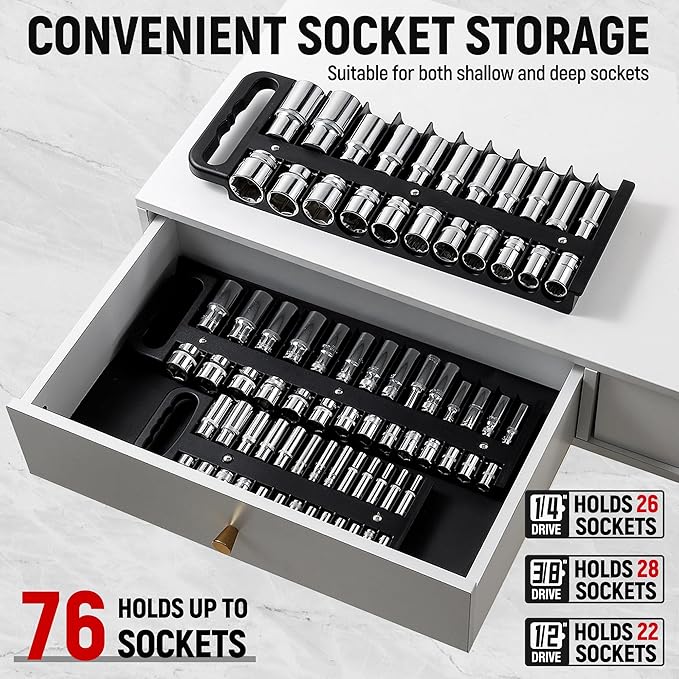 Magnetic Socket Organizer Set, 3 Pcs Black Portable Heavy Duty Socket Rail Set: 1/4-Inch x 22 Pallets, 3/8-Inch x 28 Pallets, 1/2-Inch x 26 Pallets, Hold 76 Sockets - Fit Shallow&Deep Sockets