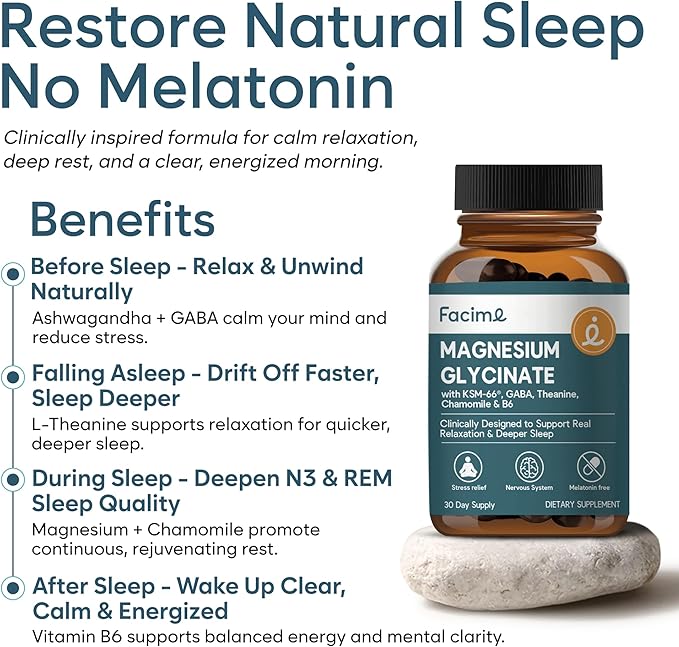 Natural Chelated Magnesium Glycinate Sleep Aid - Melatonin-Free Sleep & Stress Relief with KSM-66 Ashwagandha, GABA, L-Theanine & Chamomile for Muscle Relaxation - Made in USA - 90 Capsules