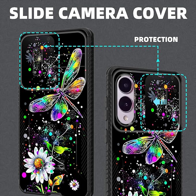for Galaxy S25 Edge Case Built in Slide Camera Lens Cover,Heavy Duty Shockproof Protection Dual Layer Case for Samsung Galaxy S25 Edge 2025,Dragonfly and Daisy Flower