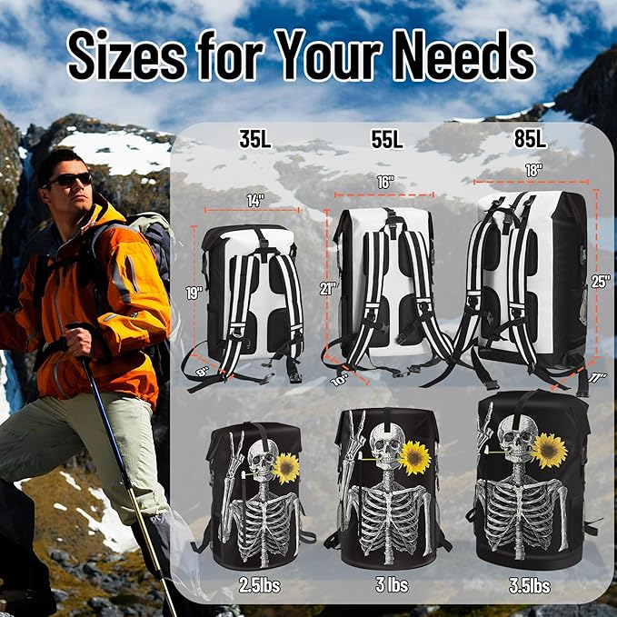 Waterproof Dry Bag Heavy Duty Marine Dry Bags for Kayaking Hiking Skull Sunflower Black Backpack Roll-Top Closure Bag - Backpack Waterproof Phone Case 35L/55L/85L
