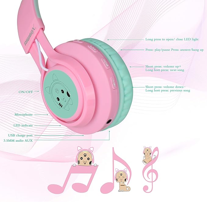 Riwbox CT-7 Cat Ear Bluetooth Headphones, LED Light Up Bluetooth Wireless Over Ear Headphones with Microphone and Volume Control for Travel/School/Smartphones/Laptop/PC/TV (Pink&Green)