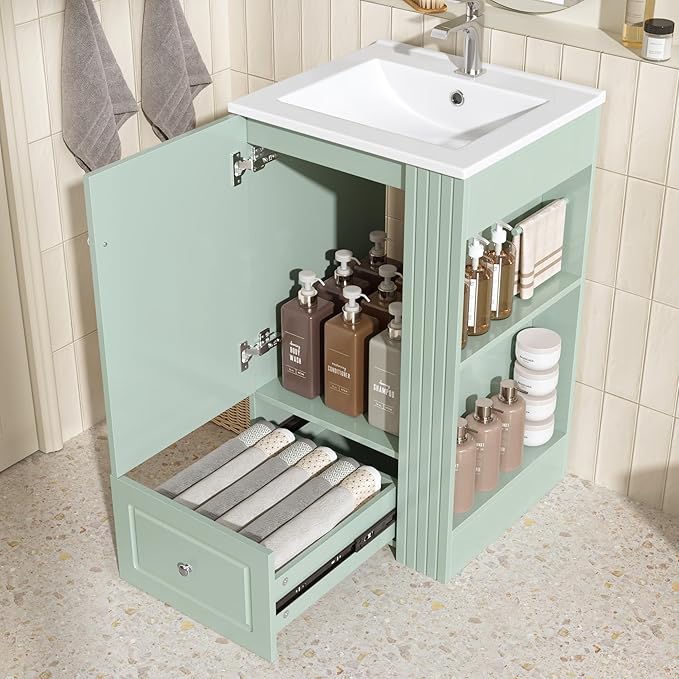 20 in Small Bathroom Vanity with Sink,Drawer,Doors and Side Storage & Toilet Paper Holder, Solid Wood & MDF Modern Single Bathroom Sink Cabinet with Drawers,Freestanding (Green,20 in)