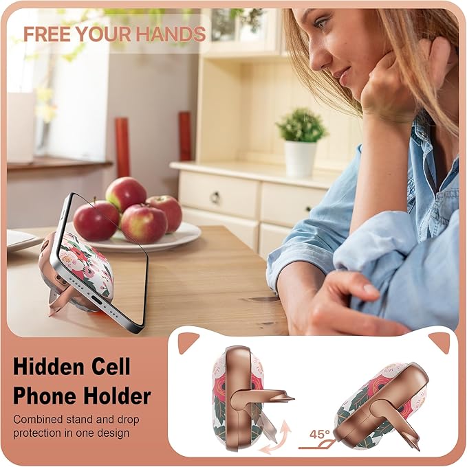 RFUNGUANGO is Compatible with AirPods Pro 3 Protective case, with Mobile Phone Holder Function, Multiple Colors Available, Suitable for AirPods Pro 3 Protective case,Rose Gold + Flowers