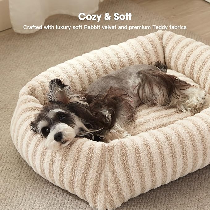 MIXJOY Small Dog Beds for Small Dogs, Washable Dog Bed with Removable Cover, Rectangle Calming Pet Beds, Warming Soft Sleeping Puppy Bed with Non-Slip Bottom, 20"x19"x6", White