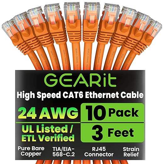 GEARit Cat 6 Ethernet Cable (10-Pack 3 Feet) Cat6 Network Patch, 10Gbps, RJ45, Snagless Cord, Gold-Plated Connectors, Internet for PC, TV, Tablet, Router, Printer, Servers, IT Data Center - Orange