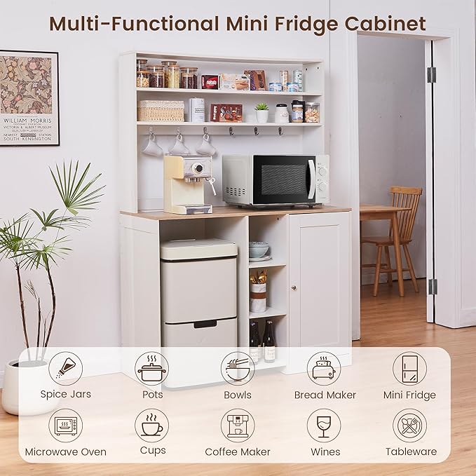 Mini Fridge Cabinet with Storage, Coffee Bar Cabinet with Mini Fridge Space and Power Outlet, Liquor Wine Bar Cabinet with Microwave Shelf, Beverage Station for Kitchen, Dorm, Living Room