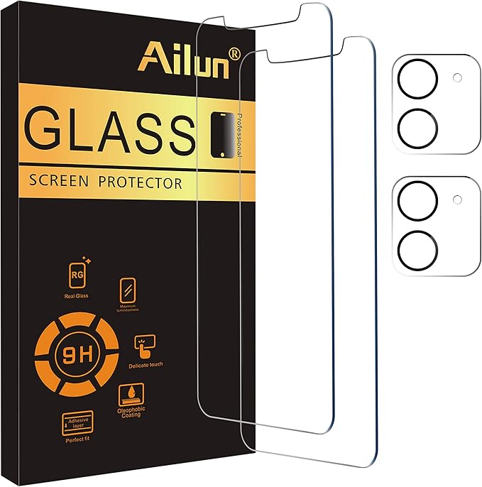 Ailun 2 Pack Screen Protector for iPhone 12 Mini [5.4 inch] with 2 Pack Camera Lens Protector,Tempered Glass Film,[9H Hardness]-HD
