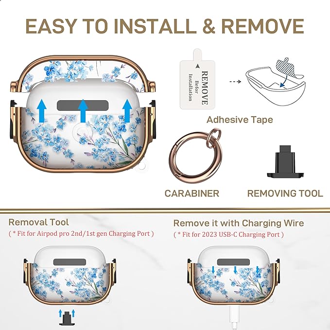 Maxjoy for AirPods Pro 3rd Generation Case with Lock, Clear AirPods Pro 3 Case Lock Protective Hard Flower AirPod Pro 3 Cover for Women Men with Keychain for Airpod Pro 3rd Gen Cover 2025, Blue