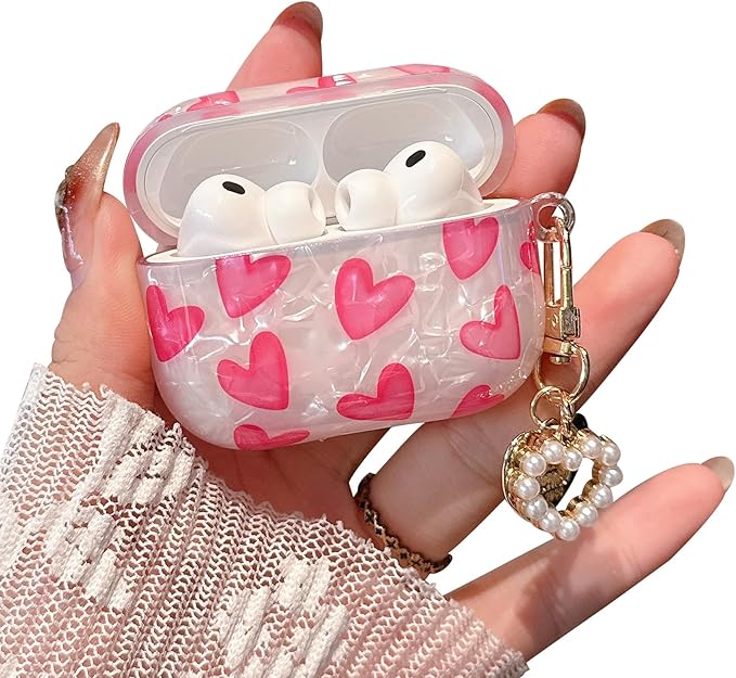for Airpod Pro 3 Case 2025 Cute for Girls Women Romantic Love Shell Pearl Protective Cover with Keychain Compatible for Airpods Pro 3rd Generation Case (Hot Pink Hearts)