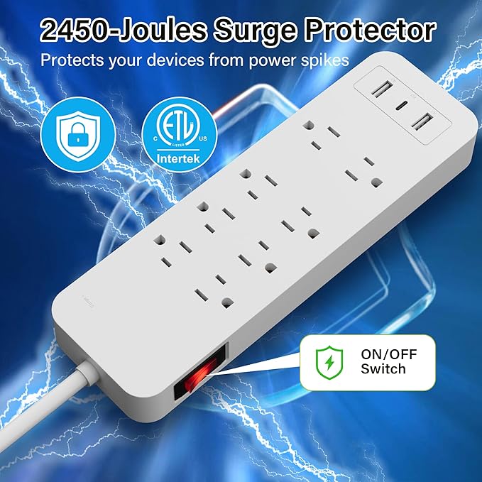 Elecan Surge Protector Power Strip 4 Ft Extension Cord, 8 Widely Spaced Outlets with 2 USB-A&1 USB-C PD 20W Charging Station, Flat Plug Wall Mountable Multi Outlet Extender, 14AWG 2450J/125V,ETL-White