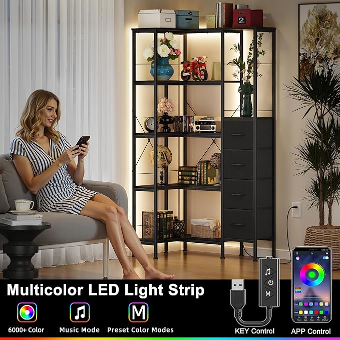 Corner Bookshelf with LED Light Strips & 4 Fabric Drawers, 5-Tier Convertible Corner Shelf with Display Shelf, Large Wood Industrial Bookcase for Living Room, Bedroom, Home Office, Black