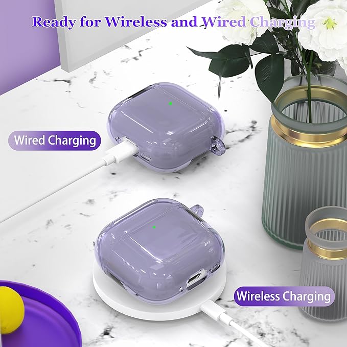 for AirPods 4th Generation Case Cover 2024, Military-Grade Shockproof, Soft TPU Highly Transparent Anti-Yellowing for AirPods 4 Case with Cleaning Kit & Cute Round Buckle, Clear Purple