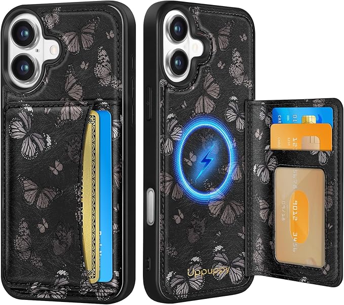 for iPhone 16 Wallet Case - Fits 4 Card Slots, Compatible with MagSafe for Women Aesthetic Durable PU Leather Credit Card Holder Kickstand Phone Cover for Apple 16, Black Butterfly
