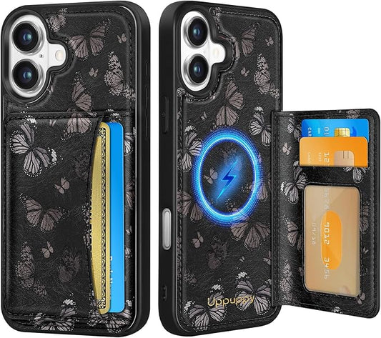 for iPhone 16 Plus Case with Wallet - Fits 4 Card Slots, Compatible with MagSafe for Women Aesthetic PU Leather Credit Card Holder Kickstand Phone Cover for Apple 16 Plus, Black Butterfly