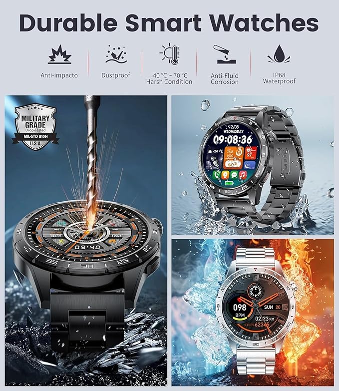 Smart Watch for Men (3 Straps),Answer/Make Calls,1.43'' AMOLED,IP68 Waterproof,110+ Sports Modes Fitness Watch with Sleep Monitor/SpO2/Heart Rate/Pedometer Rugged Smart watch for Android/iOS Silver