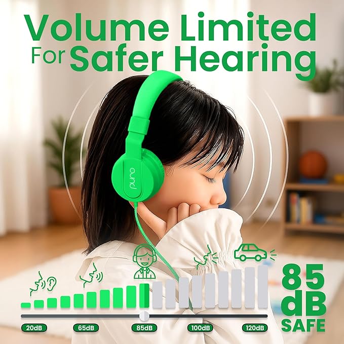 Puro Sound Labs Wired Headphones for Kids - Volume-Limiting, Adjustable Mic & Compatible with Smartphones, Tablets & PCs – Safe, Durable Kids Headphones for School & Travel – PuroBasic, Blue & Green