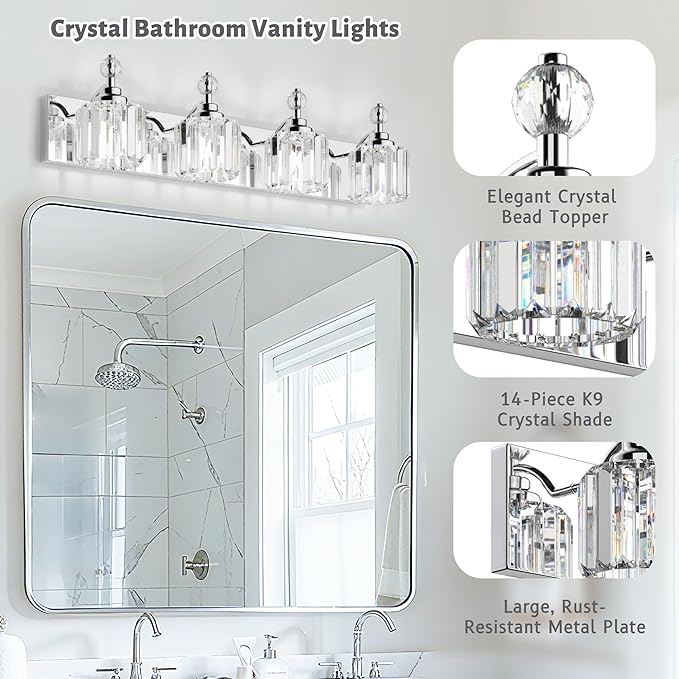 4-Light Bathroom Vanity Light - Crystal Bathroom Lighting Fixtures Over Mirror with 60w(Max) E12 Base, 56pcs Crystal Sheet, Chrome Vanity Lights for Bath Room