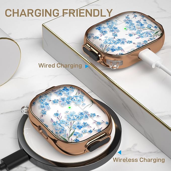 Maxjoy for AirPods Pro 3rd Generation Case with Lock, Clear AirPods Pro 3 Case Lock Protective Hard Flower AirPod Pro 3 Cover for Women Men with Keychain for Airpod Pro 3rd Gen Cover 2025, Blue