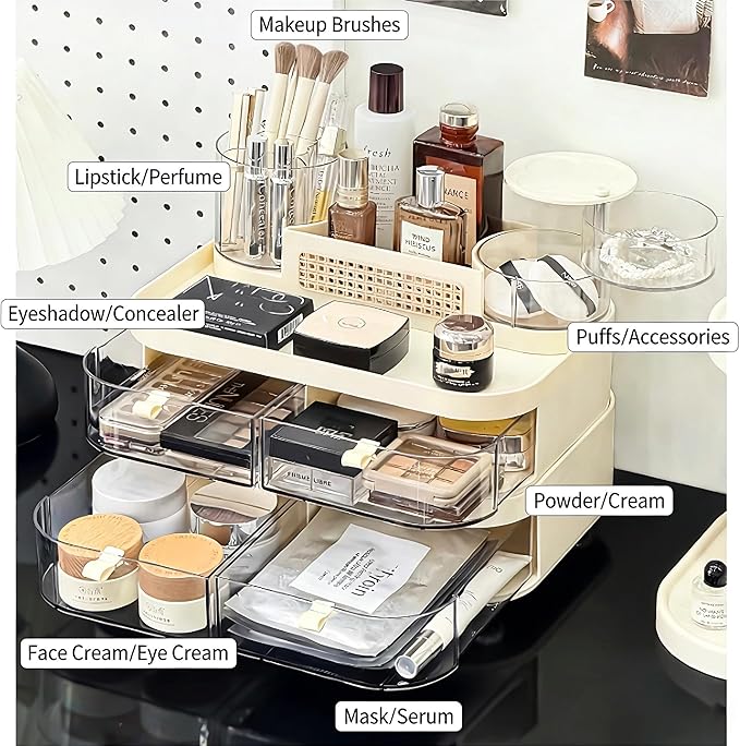 Large Makeup Organizer for Vanity, 3-Tier Dustproof Cosmetic Storage with Drawers & Brush Holder, Skincare Organizer for Bottles, Creams, Lipsticks & Palettes