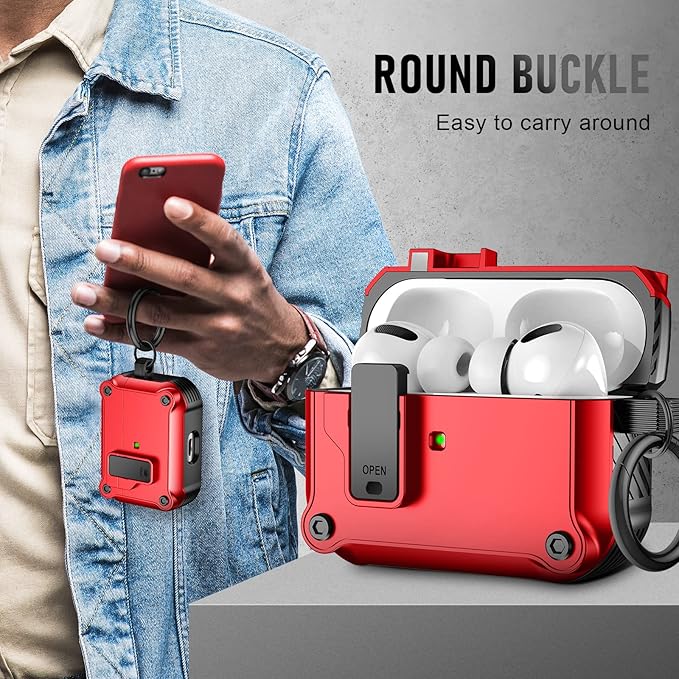 Maxjoy for Airpods Pro 3 Generation Case(2025), Secure Lock Clip Full Body Shockproof Hard Shell Protective Apple for Airpods Pro 3 Case Cover with Keychain Cleaner Kit for Men Women,Red