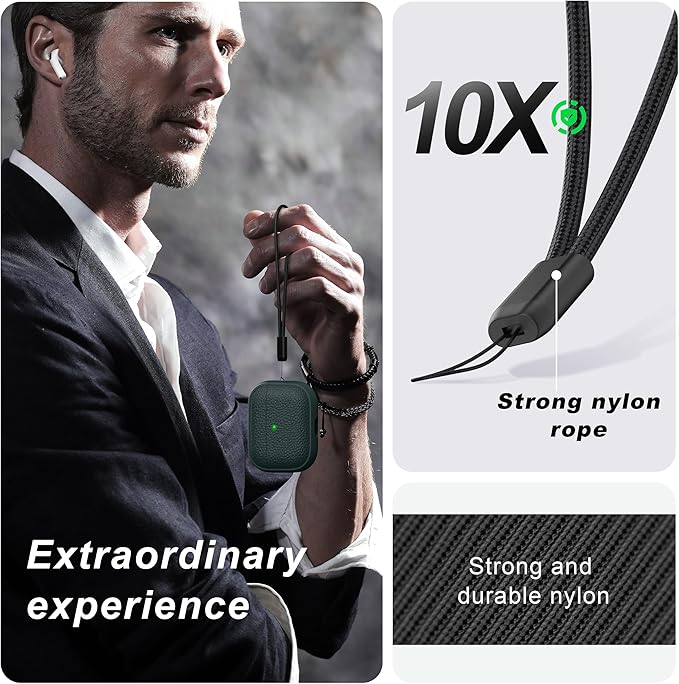 R-fun for AirPods Pro 3 Case 2025, Soft TPU (Leather-Like Design) Drop Protection Cover for Men and Women with Lanyard and Cleaner Kit, Compatible with Apple AirPods Pro 3rd Generation-Green