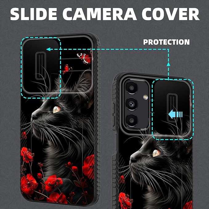 for Galaxy A15 5G Case Built in Slide Camera Lens Cover,Heavy Duty Shockproof Protection Dual Layer Case for Samsung Galaxy A15 5G 6.5 inch 2024,Black Cat Flowers and Butterflies