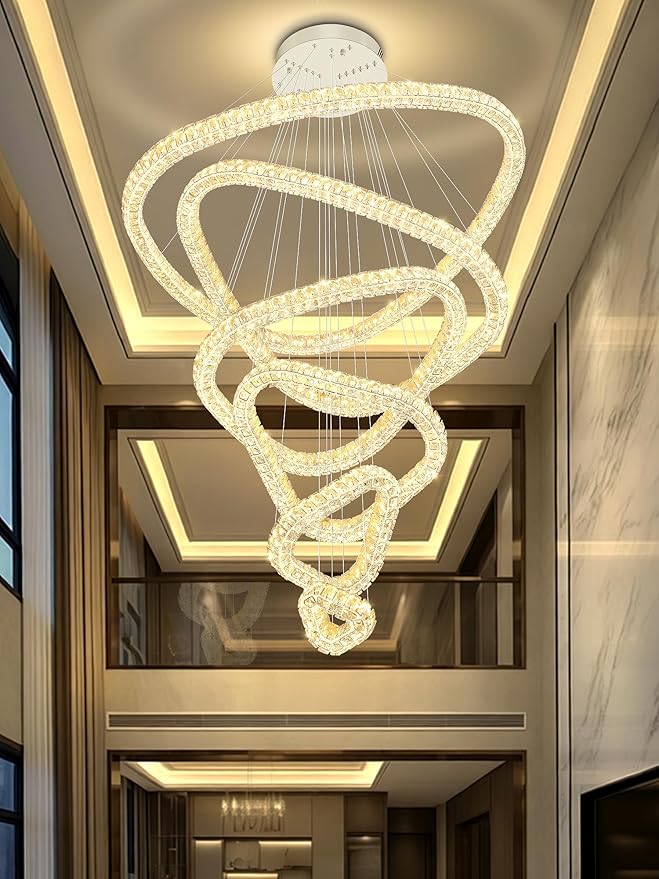 Flashing God Modern 6 Ring Crystal Chandeliers for High Ceiling Large Foyer Chandeliers LED Dimmable Crystal Ceiling Light Fixtures for Entryway Living Room Staircase Sliver