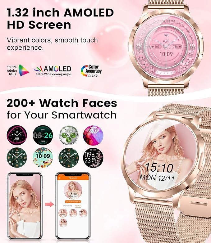 DREMAC Smart Watch(Make Call/Thin),1.32'' Amoled Curved Display for Android iPhone,Smart Watches for Women with Heart Rate Monitor,Sleep Monitor,Pedometer,IP68 Waterproof Fitness Tracker,Rose Gold