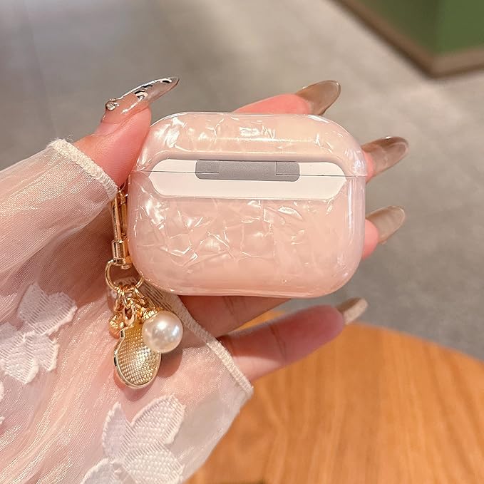 for AirPod Pro 3 Case 2025 Cute Luxury Marble TPU Protective Cover with Glitter Shell Pearl Keychain Compatible for AirPods Pro 3rd Generation Case for Women Girls (Pink)