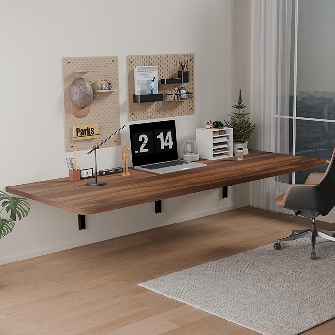 IAE 55" x 22" Floating Foldable Desk,Wall-Mounted Folding Computer Table with Engineered Wood,Study Table with Shelf Brackets,Fold Down Shelf,Fold Computer Desk for Small Spaces,Holds 500 lb,Brown
