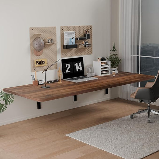 IAE 55" x 22" Floating Foldable Desk,Wall-Mounted Folding Computer Table with Engineered Wood,Study Table with Shelf Brackets,Fold Down Shelf,Fold Computer Desk for Small Spaces,Holds 500 lb,Brown