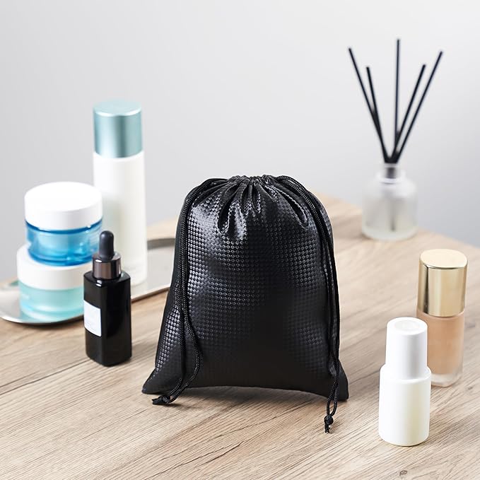 PALTERWEAR Tech-Weave PU-Coated Drawstring Bags (Set of 5) Water-Resistant, Directional-Stretch Travel Organizers for Goody Bag, Toiletries, Tech Gear, Charger - Wipe-Clean (Black 3D, 6 x 8 Inch)