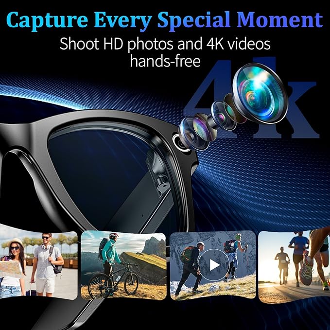 AI Smart Glasses with 8MP Camera, 4K Video & HD Photo, Bluetooth Audio, AI Voice Assistant, Real-Time Translation, Object Recognition, Noise-Cancel Calls, Photochromic +2 Sunglasses Lenses