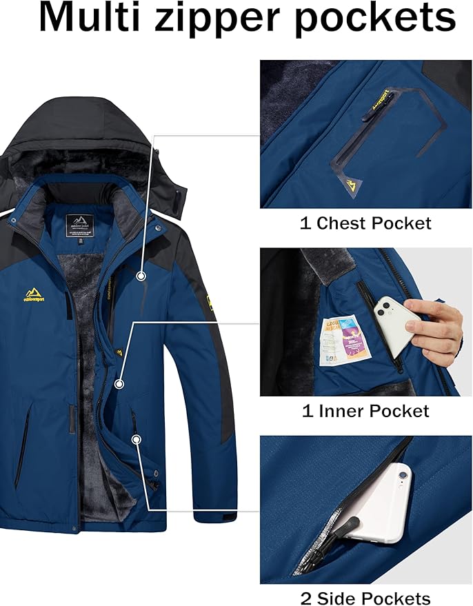 MAGCOMSEN Men's Winter Coats Water Resistant Ski Snow Jacket Warm Fleece Jacket Parka Raincoats With Hood Multi-Pockets