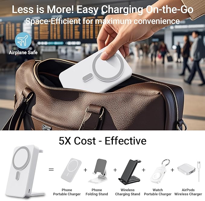 3-in-1 Portable Charger, 10000mAh Foldable Power Bank Fast Charging,MagSafe Charger Battery Pack Magnetic,Travel Wireless Charging Station for iPhone 17/16/15/14/13/12,iWatch, Air pods, White