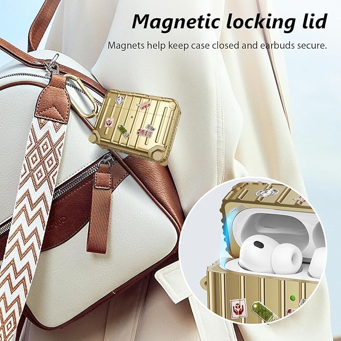 Filoto Compatible with Airpods Pro 3 Case 2025, Cute Fashion Suitcase Design for Airpods Pro 3rd Generation Case Cover, Shockproof Protective Hard Case with Keychain/Cleaner Kit Gold
