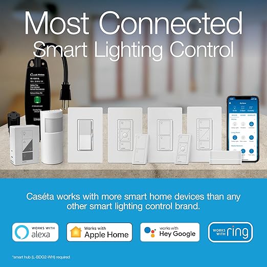 Lutron Diva Smart Dimmer Light Switch for Caseta Lighting (Lutron Smart Hub Required), for LED Lights, 150W, Single-Pole/3-Way, No Neutral, White, 9 Pack