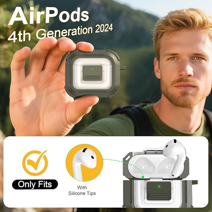 RFUNGUANGO for AirPods 4 Case, Compatible with AirPods 4th Generation Case (2024), Compatible with MagSafe, Magnetic Automatic Lock with Cleaner Kit and Keychain, Front LED Visible, Green