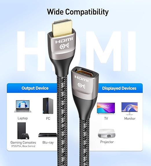 Cable Matters 48Gbps Ultra HD 8K HDMI Extension Cable - 1ft / 0.3m, Supports [8K@60Hz / 4K@240Hz with HDR], HDMI Male to Female Extender Cable, Graphite Black